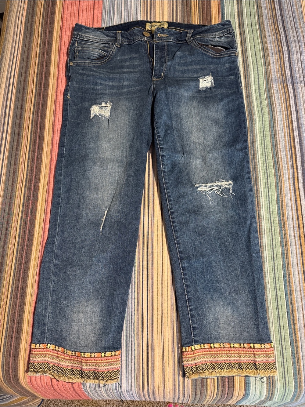 Democracy Indigo Distressed Wide-Leg Jeans with Embroidered Hem